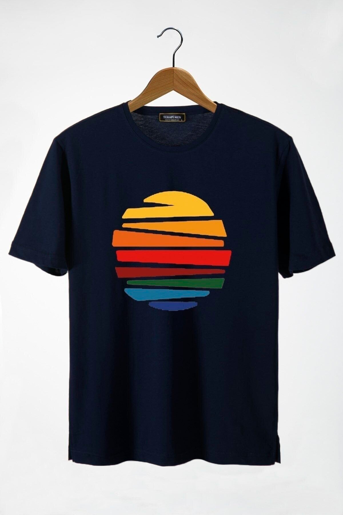 Men'S Navy Blue Sun Front Printed Crew Neck Oversize T-Shirt