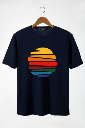 Men'S Navy Blue Sun Front Printed Crew Neck Oversize T-Shirt