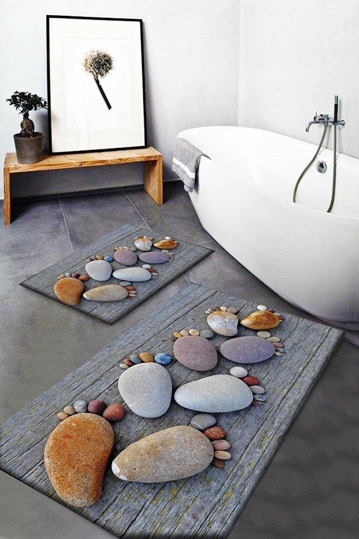 Else Gray Foot Stones Patterned Washable Non-Slip Base 2 Pcs. Bathroom Carpet Doormat Closet Set - Swordslife