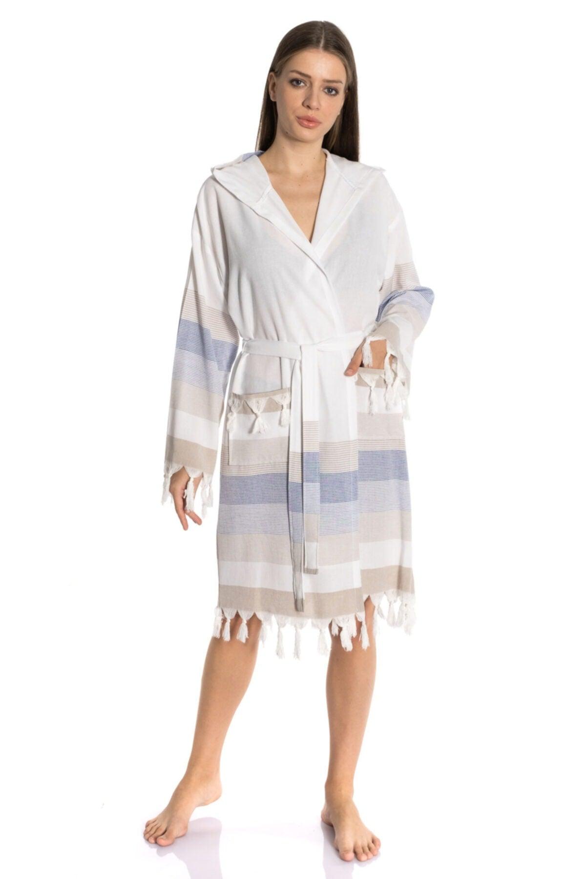 Women's White Bathrobe 100% Cotton Bodrum Peshtemal - Swordslife