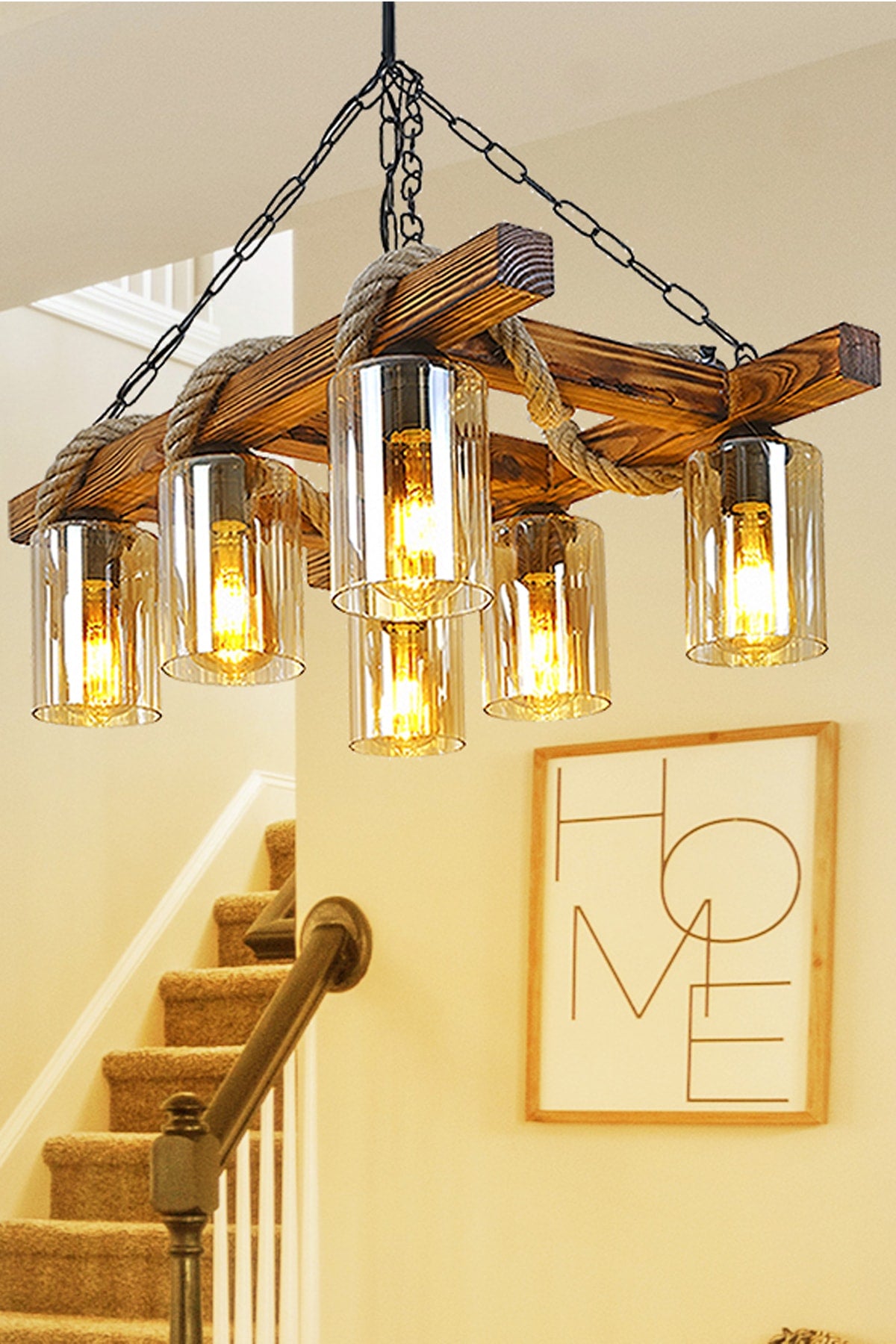 Glass Staircase Rope Living Room Lounge Dining Room Authentic Place Wooden Chandelier
