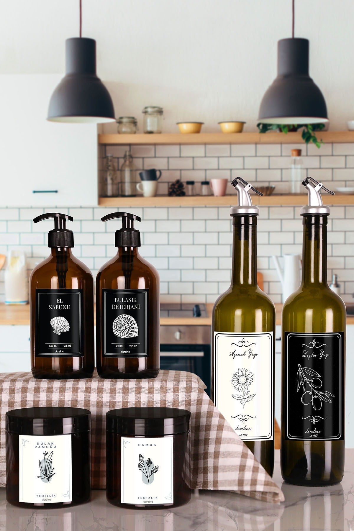 3 Pcs Set 6 Pcs. 2 Pcs. 750 Ml Amber Glass Oil Pot 500Ml 2 Pcs. Glass Soap Dispenser 2 Pcs. Cotton Dispenser