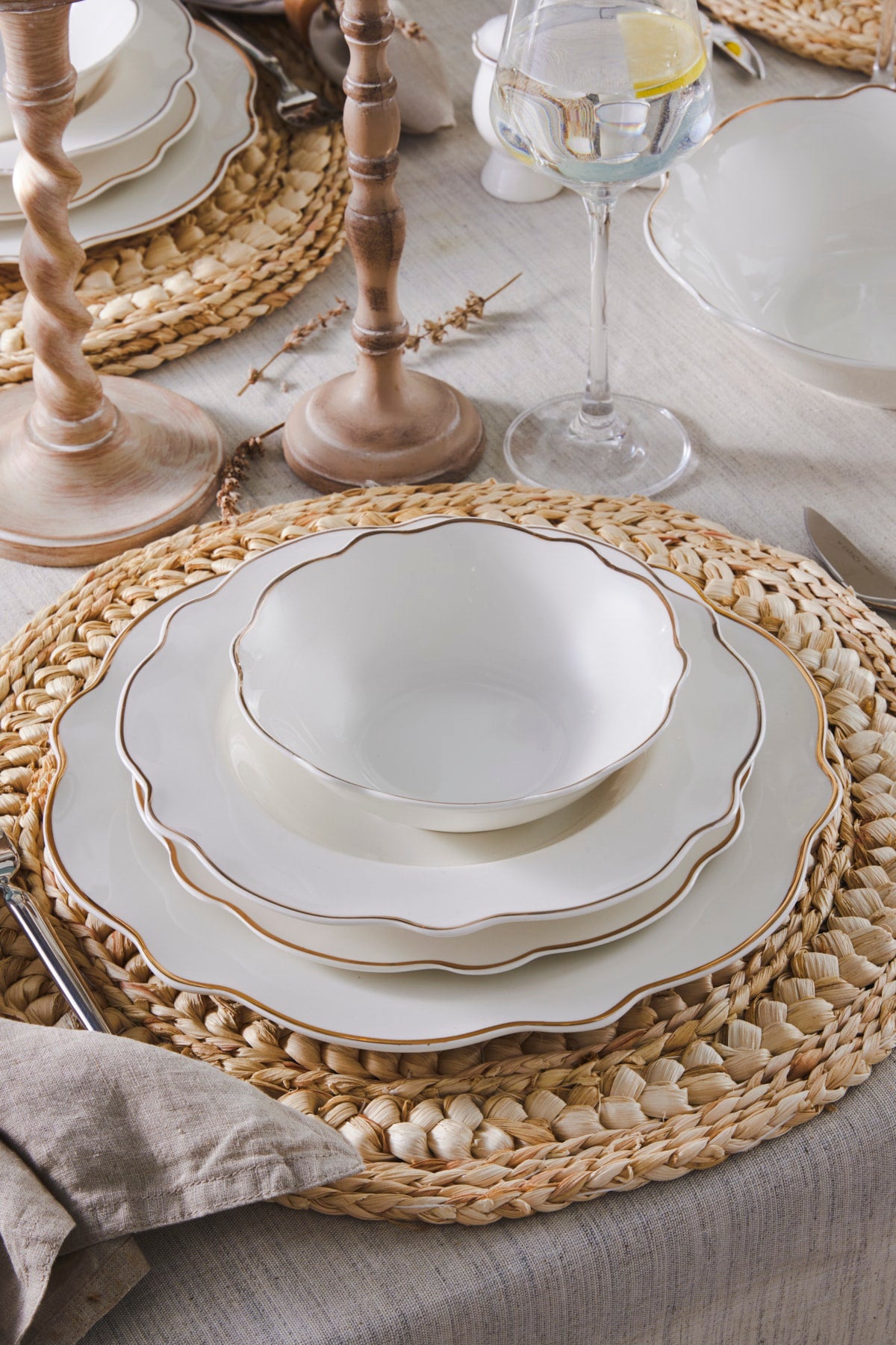 Pablo 59 Pieces New Bone Dinnerware Set For 12 People Gold