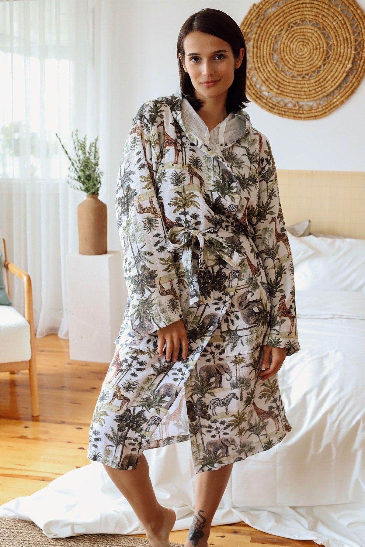 Adult Patterned Muslin Bathrobe, Special Design 100% Cotton 2 Layers Double Sided Hooded - Swordslife