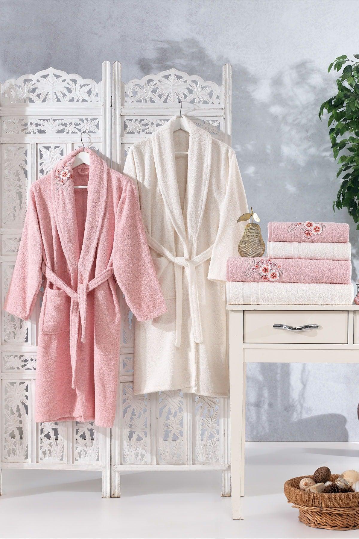 Family Embroidered Pink & Cream Family Bathrobe Set 6 Pieces Dowry Women Men Bathrobe Bath Towel Set - Swordslife