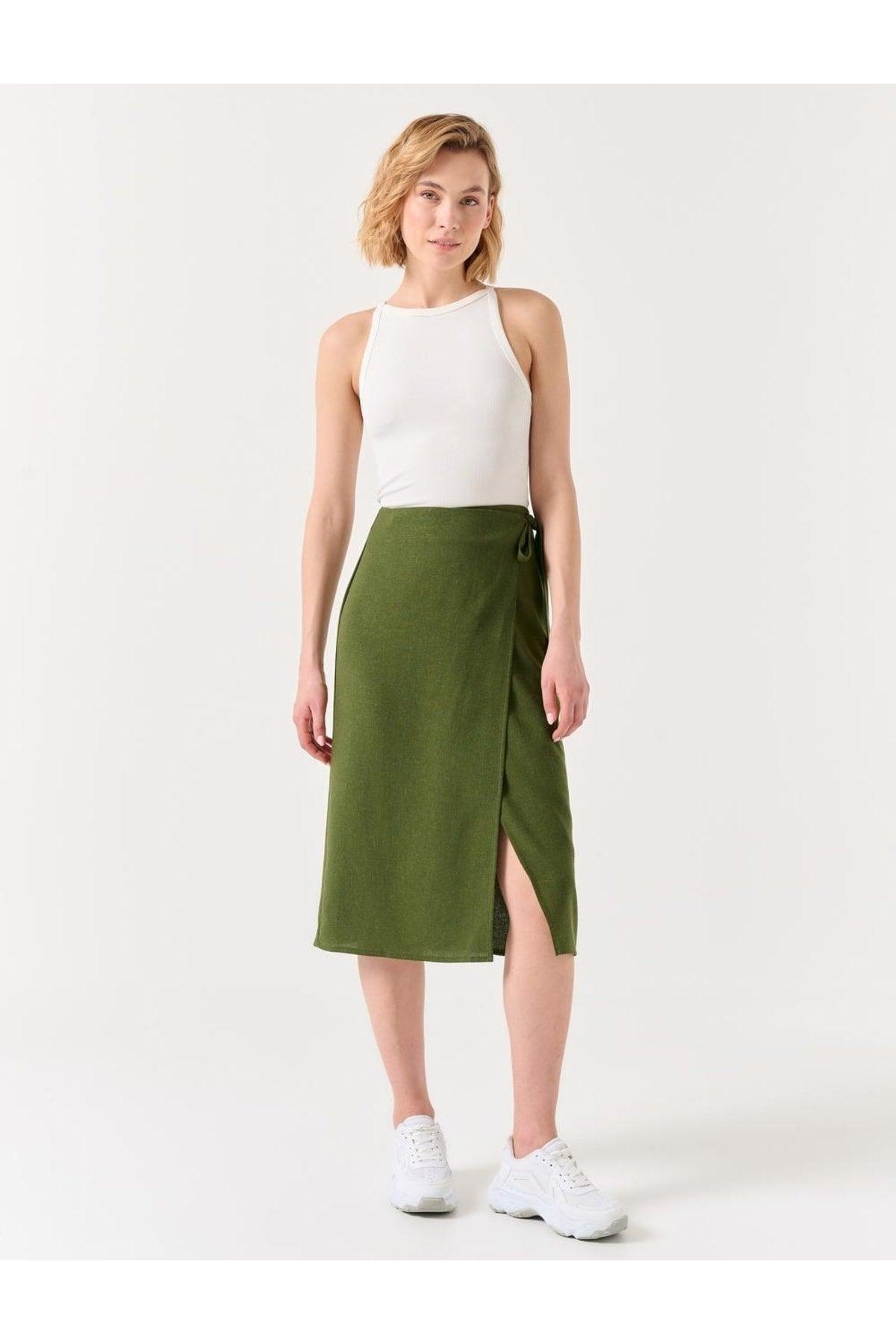 Khaki Regular Waist Slit Midi Linen Skirt - Swordslife