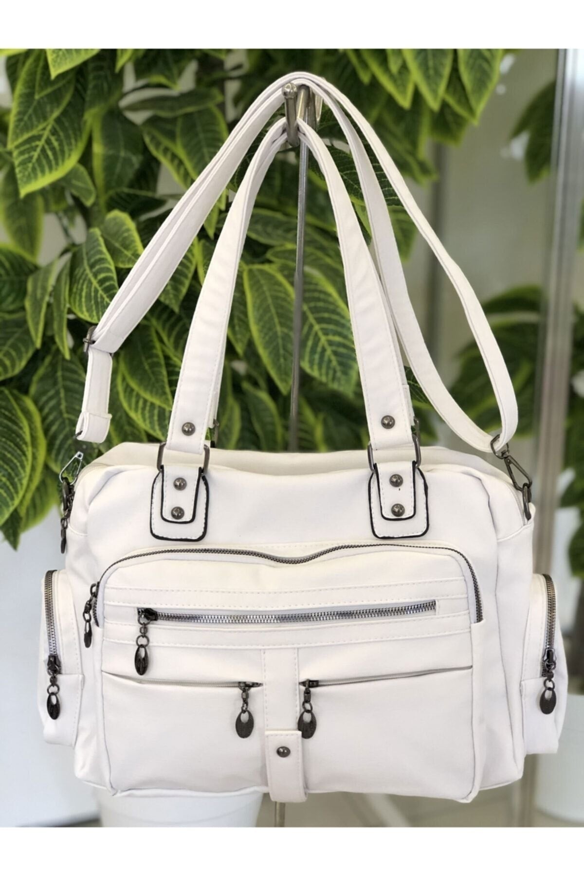 Women's White Wash Leather Multi-Section Shoulder And Hand Bag