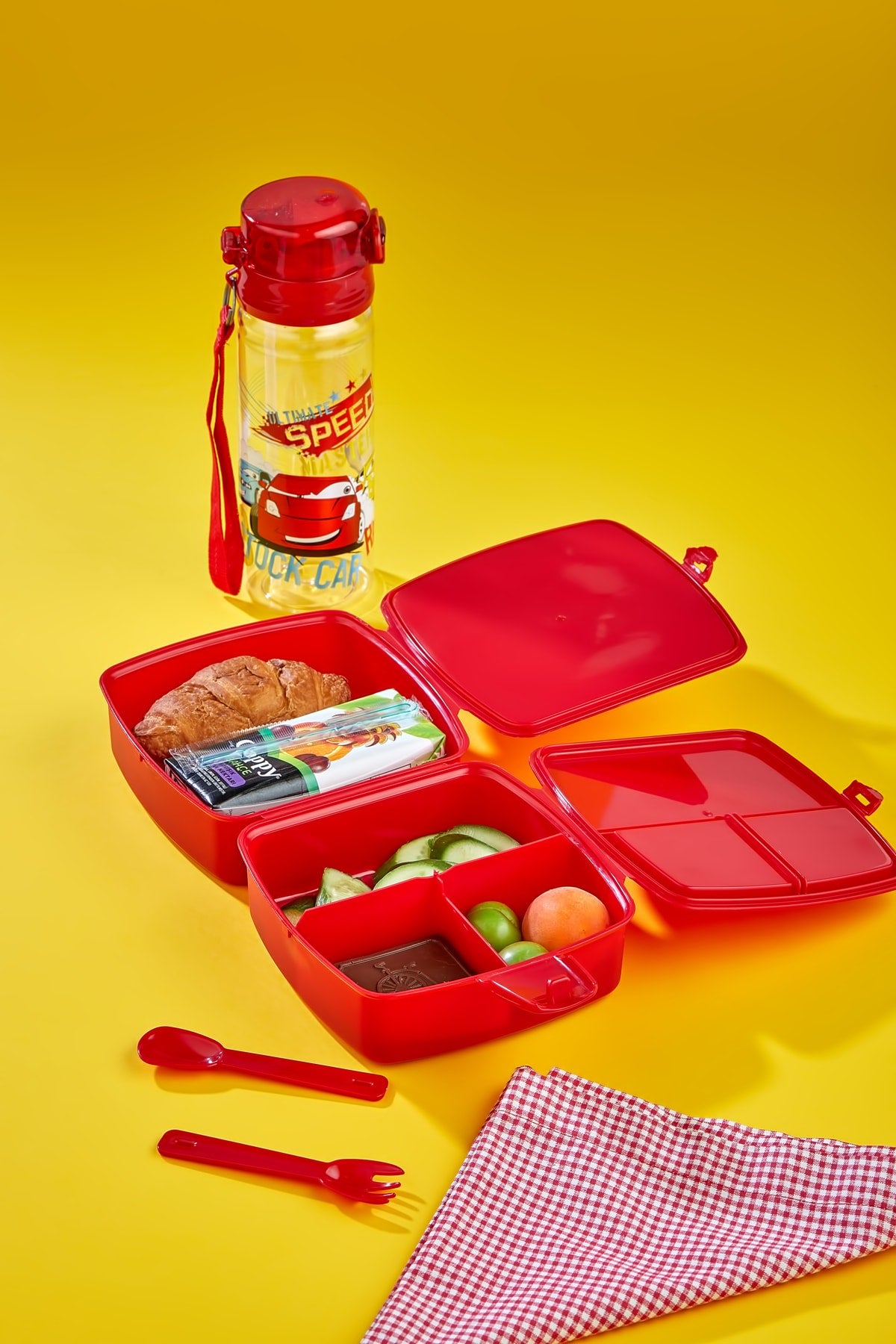 2-Layer Lunch Box with 4 Compartments and Self-Spoon and 500 Cc Water Bottle with Straw Cart