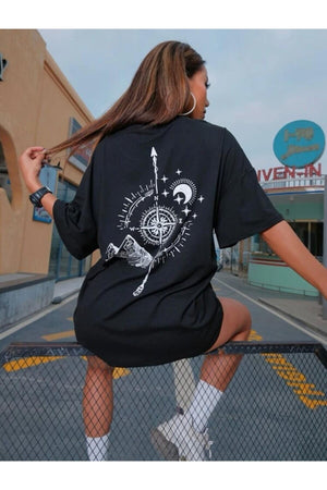 Compass Printed Oversize Black T-Shirt