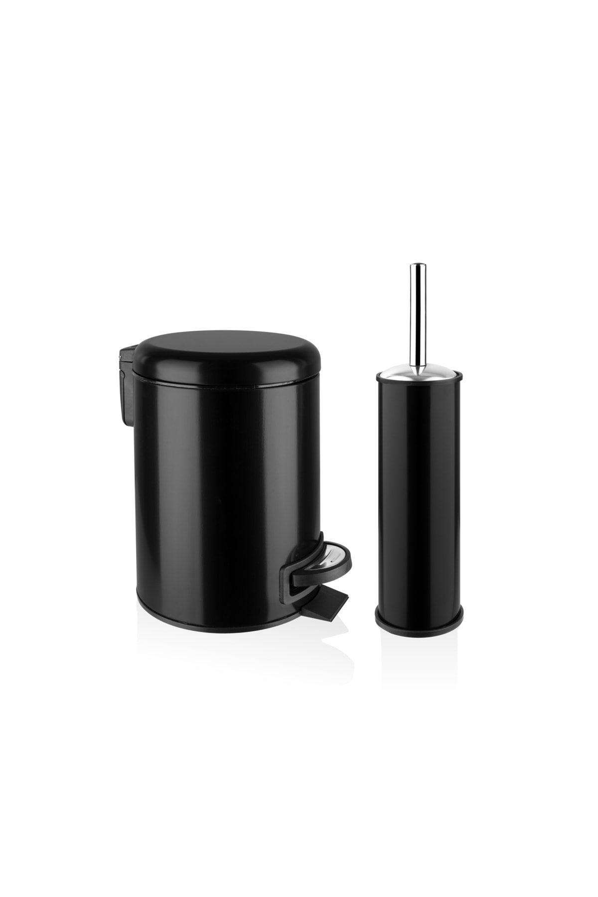 Elite Double Bathroom Set - Black Stainless 3 Lt Trash Can Wc Toilet Brush - Swordslife