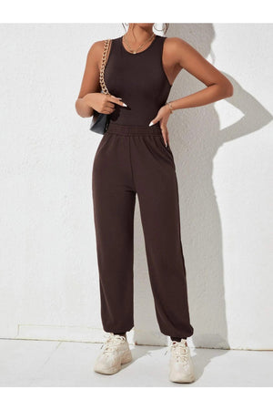 Jogger Sweatpants - Brown, Elastic Leg, High Waist, Summer