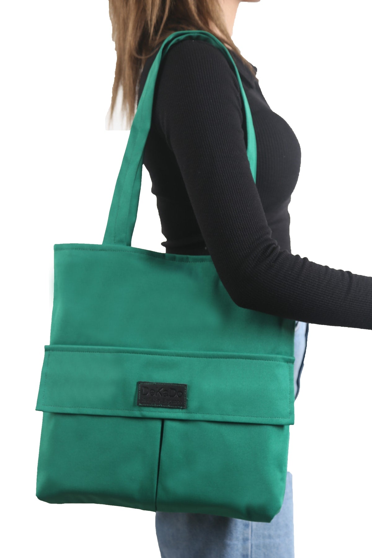 Women'S Green Bag Zippered Hand And Shoulder Bag Canvas Fabric Tote Bag