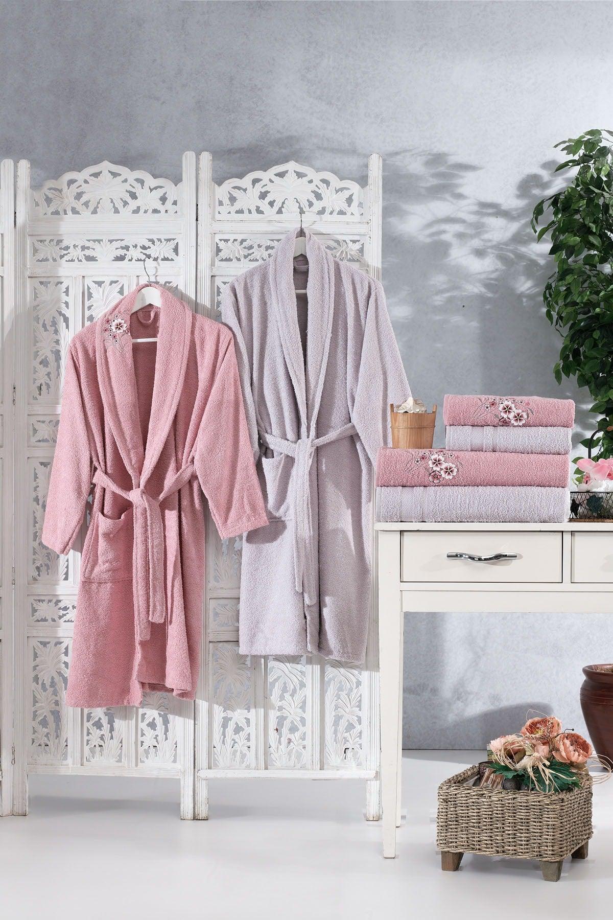 Family Embroidered Powder & Lilac Family Bathrobe Set 6 Pieces Dowry Women Men Bathrobes Bath Towel Set - Swordslife