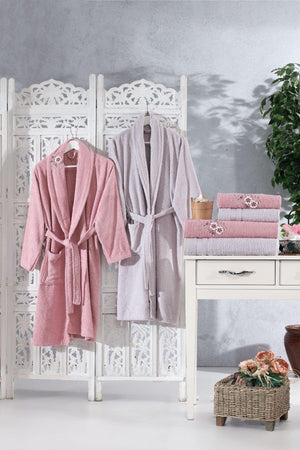 Family Embroidered Powder & Lilac Family Bathrobe Set 6 Pieces Dowry Women Men Bathrobes Bath Towel Set - Swordslife