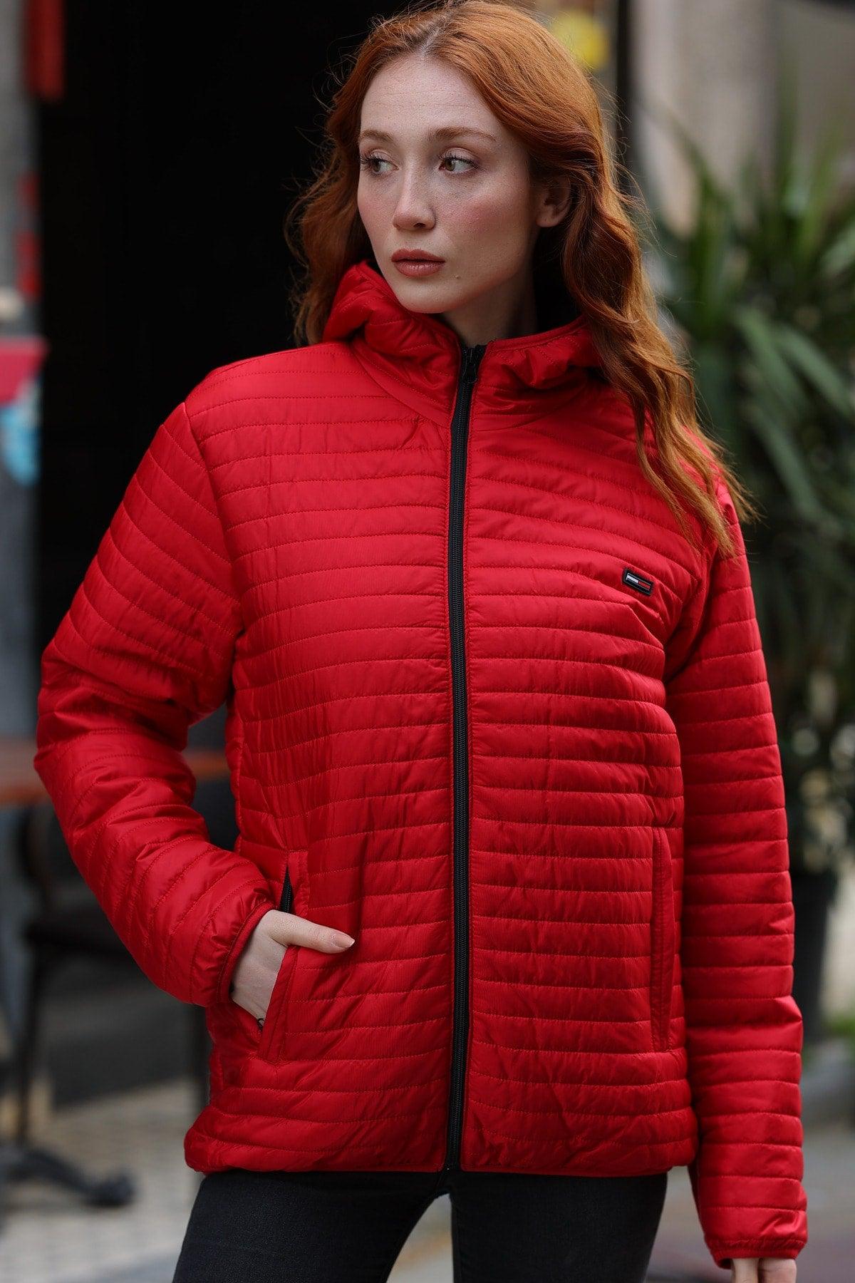 Women's Red Hooded Lined Waterproof And Windproof Coat - Swordslife