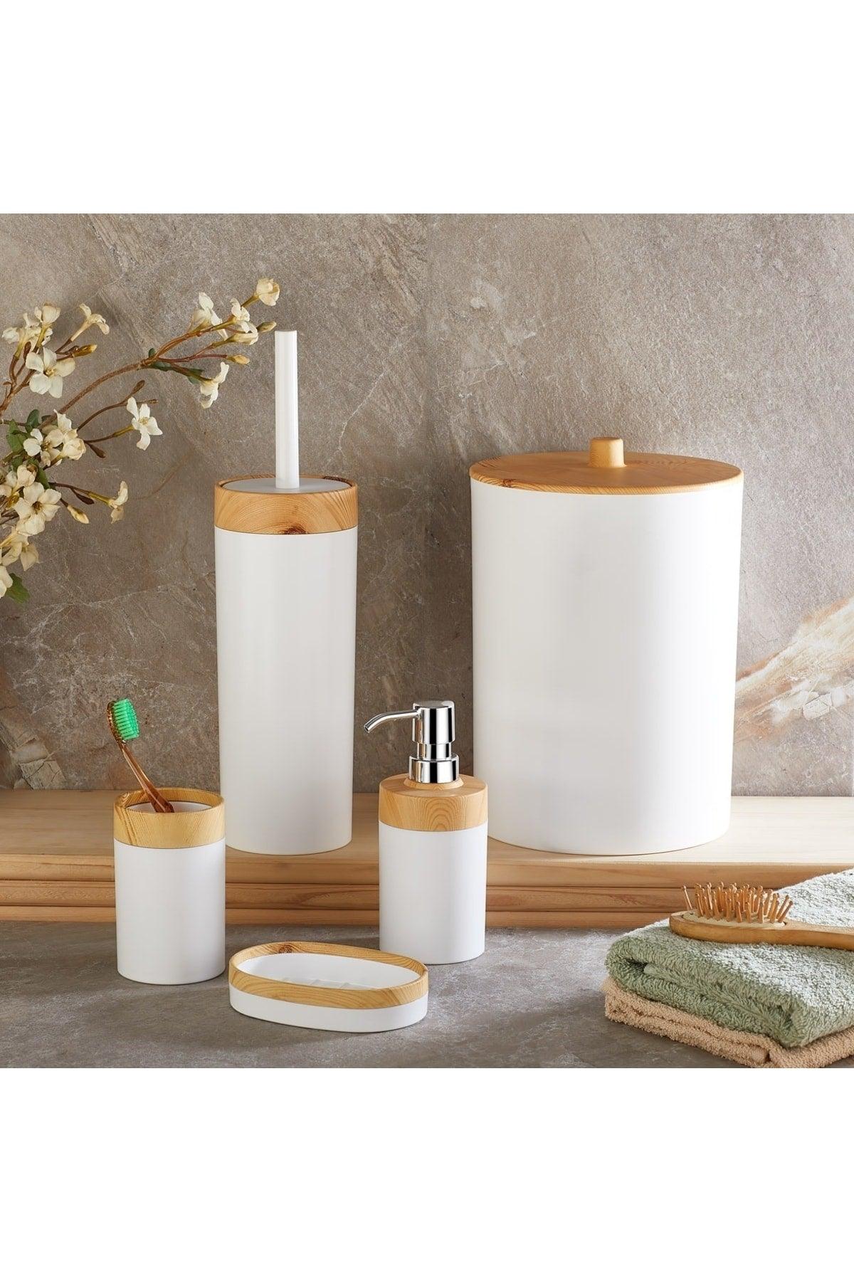 Limpia Bamboo Patterned Bathroom Set of 5 Trash Can Liquid Soap Dispenser Toothbrush Box Bathroom Set White - Swordslife