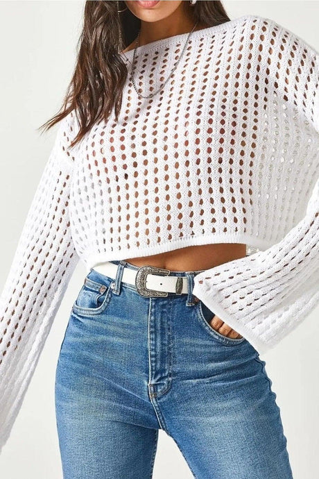 Women's White Spanish Sleeve Wide Collar Openwork Loose Hole Crop Knitwear Blouse - Swordslife