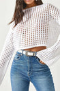 Women's White Spanish Sleeve Wide Collar Openwork Loose Hole Crop Knitwear Blouse - Swordslife