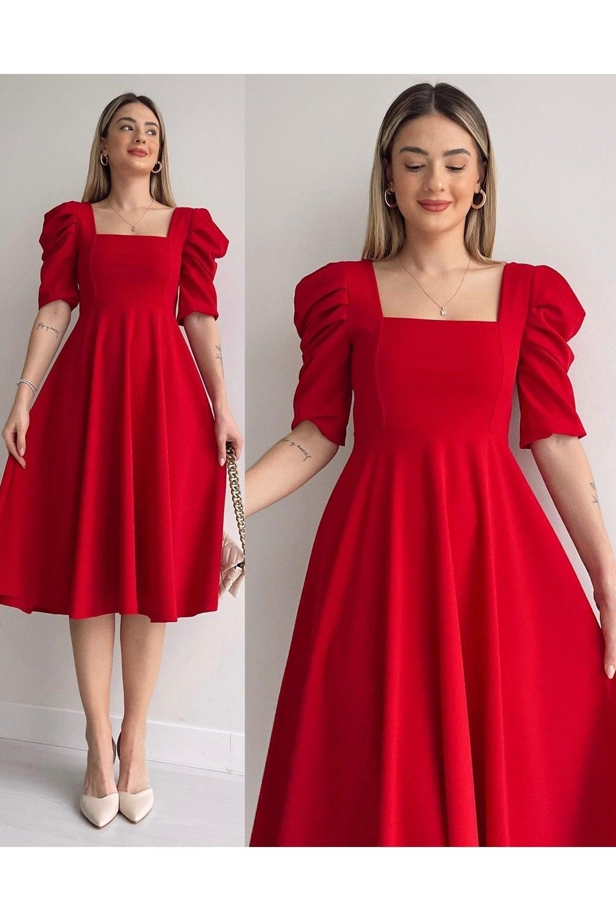 Women's Crepe Fabric Short Sleeve Square Collar Midi Length Red Dress 080 - Swordslife