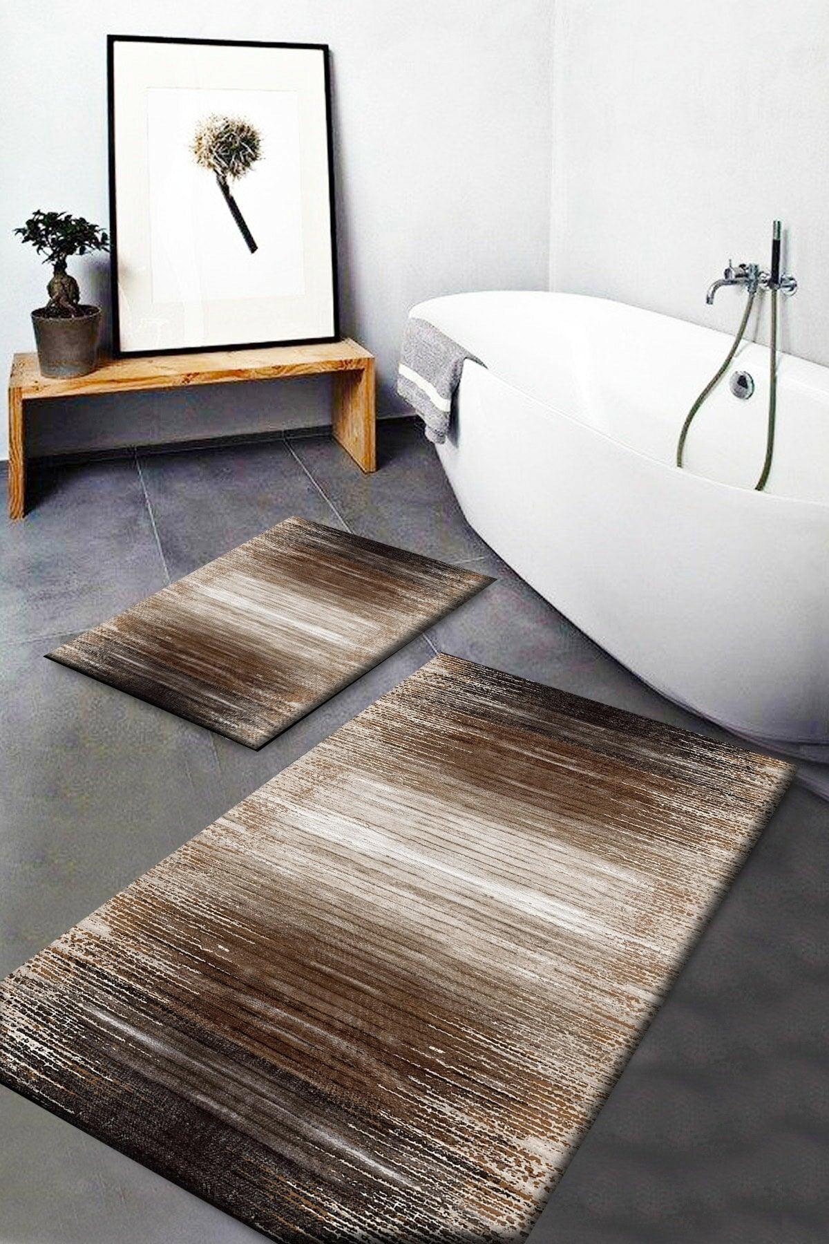 Brown White Lines Patterned Washable Non-Slip Bath Mat 2-Pack Closet Set Carpet Dts-24 - Swordslife