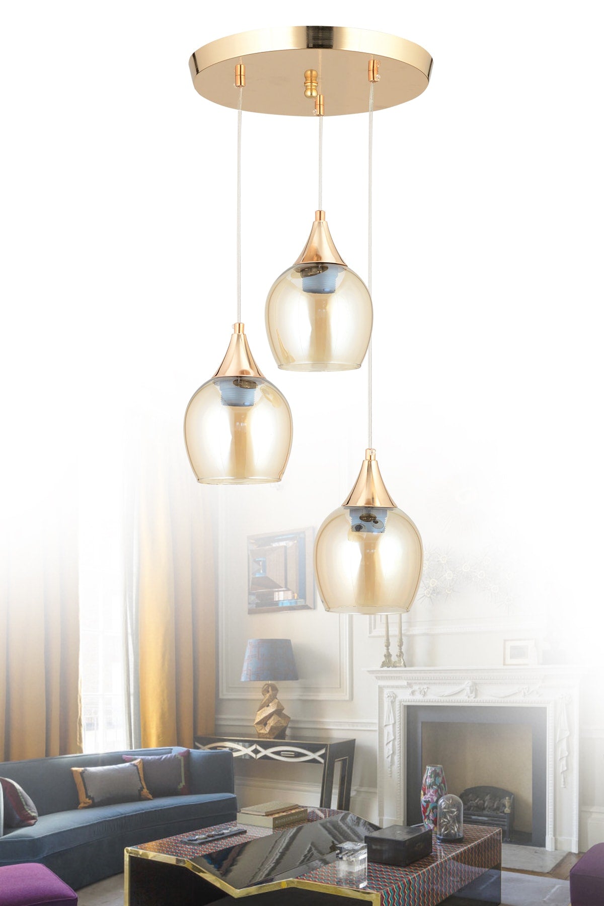 Sante 3-Piece Gold Honey Glass Modern Pendant Lamp Chandelier Living Room Kitchen Room Hallway Chandelier