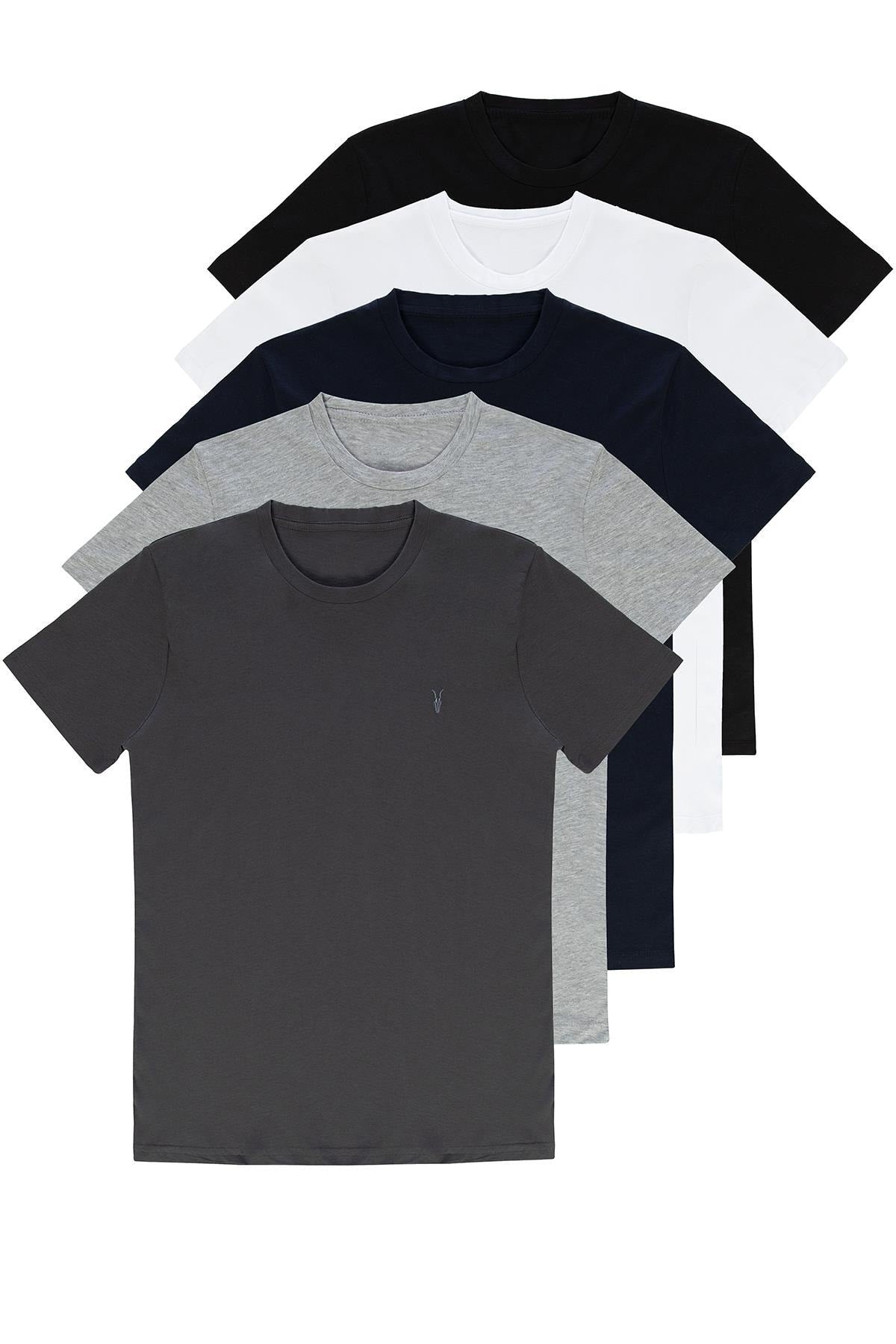 Standard Pattern Basic Crew Neck Embroidery Detail 5-Piece T-Shirt Pack