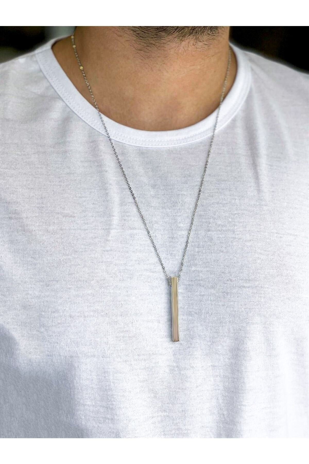 Necklace Men Rectangle Silver Necklace 70Cm