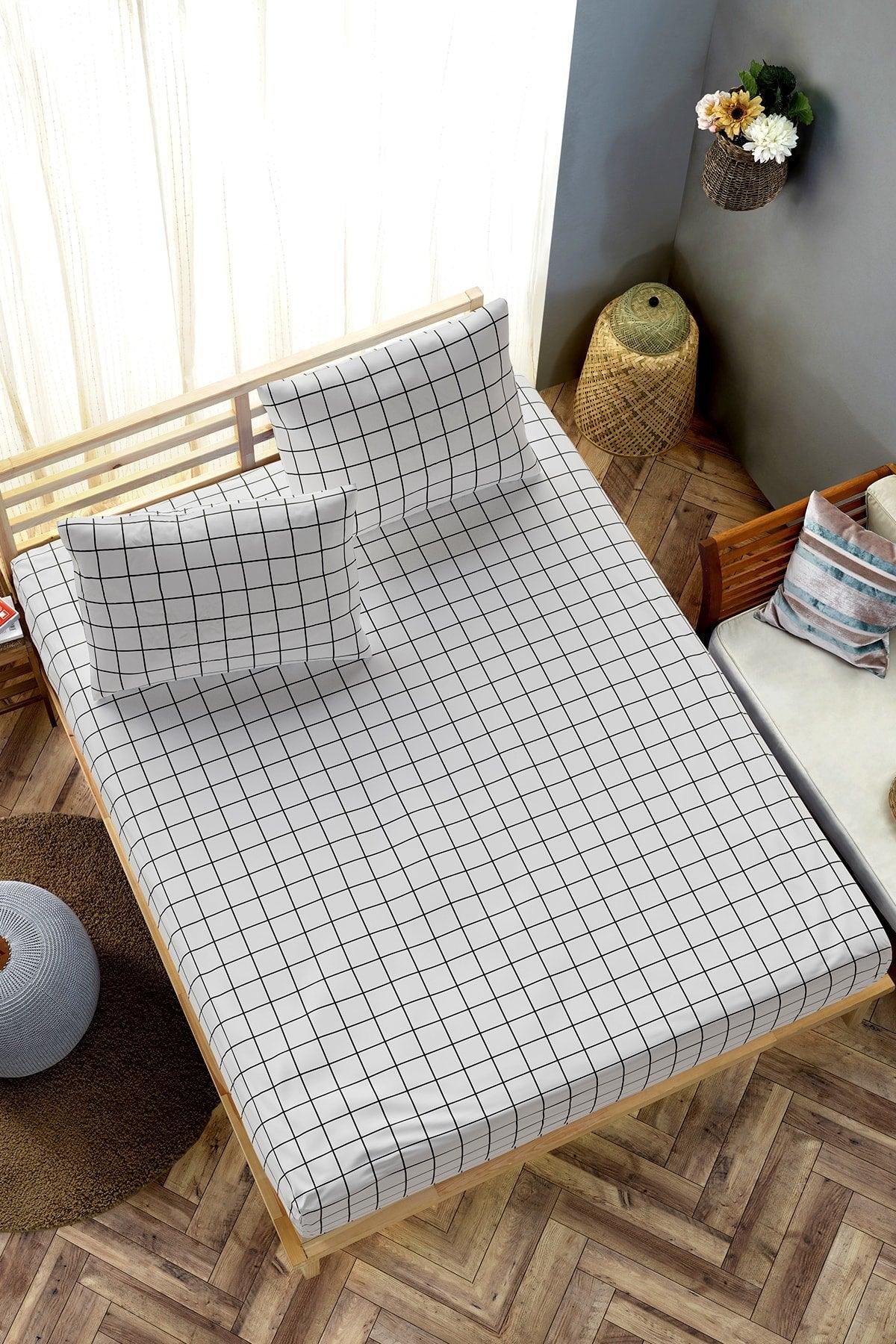 Double Elastic Bed Sheet + Pillowcase - Mini Plaid White Black - Swordslife