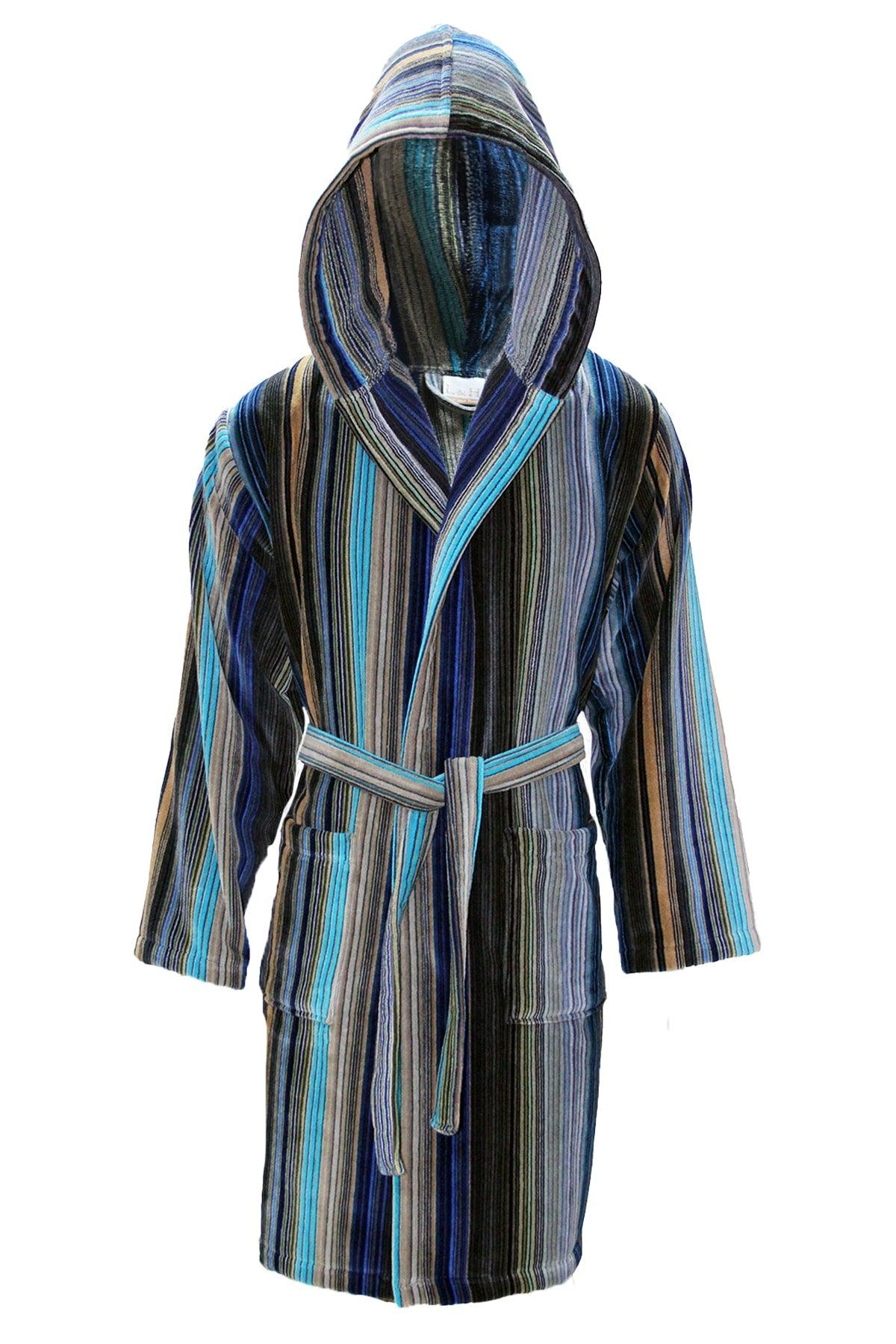 Men's Blue Cotton Yarn Dyed Velvet Bathrobe - Swordslife