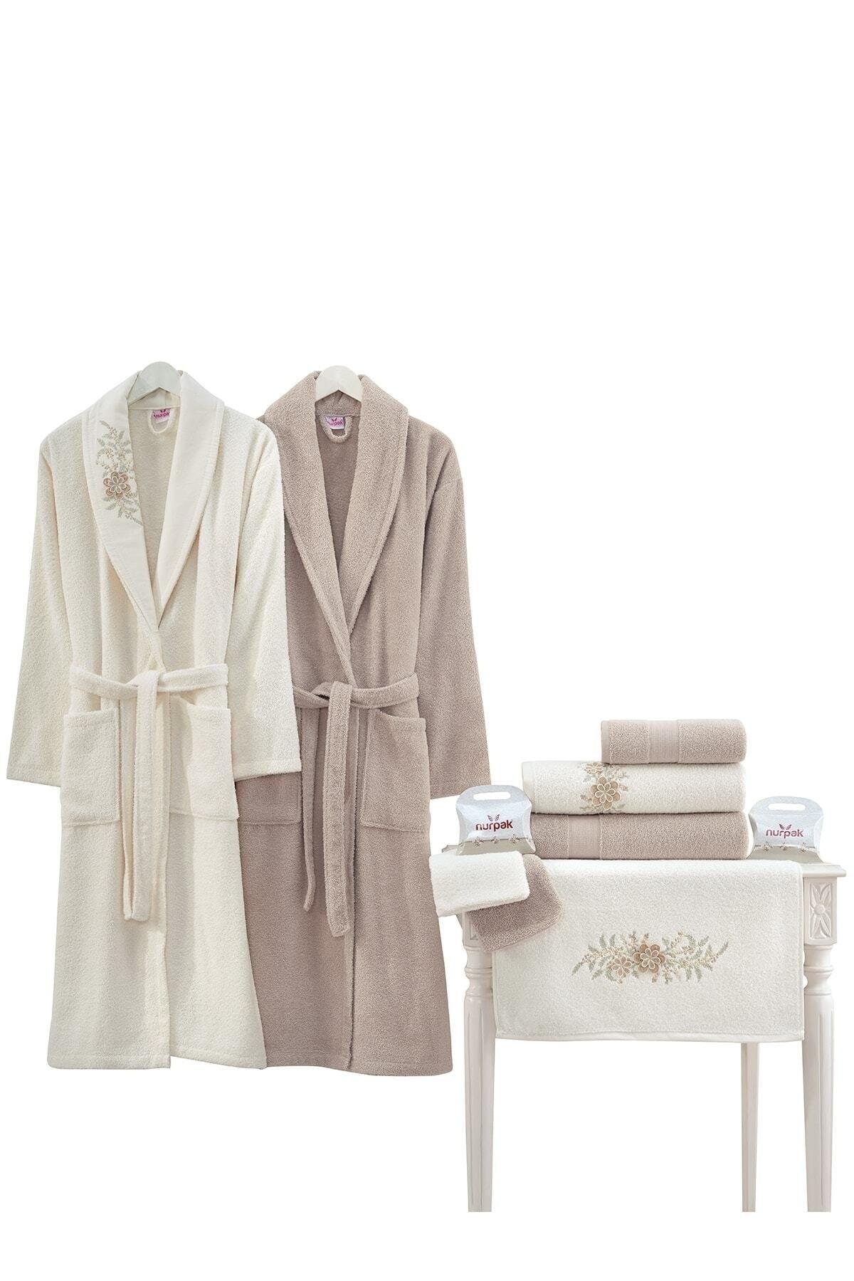 Bougainvillea Embroidered Family Bathrobe Set 10 Pieces Cream-brown - Swordslife