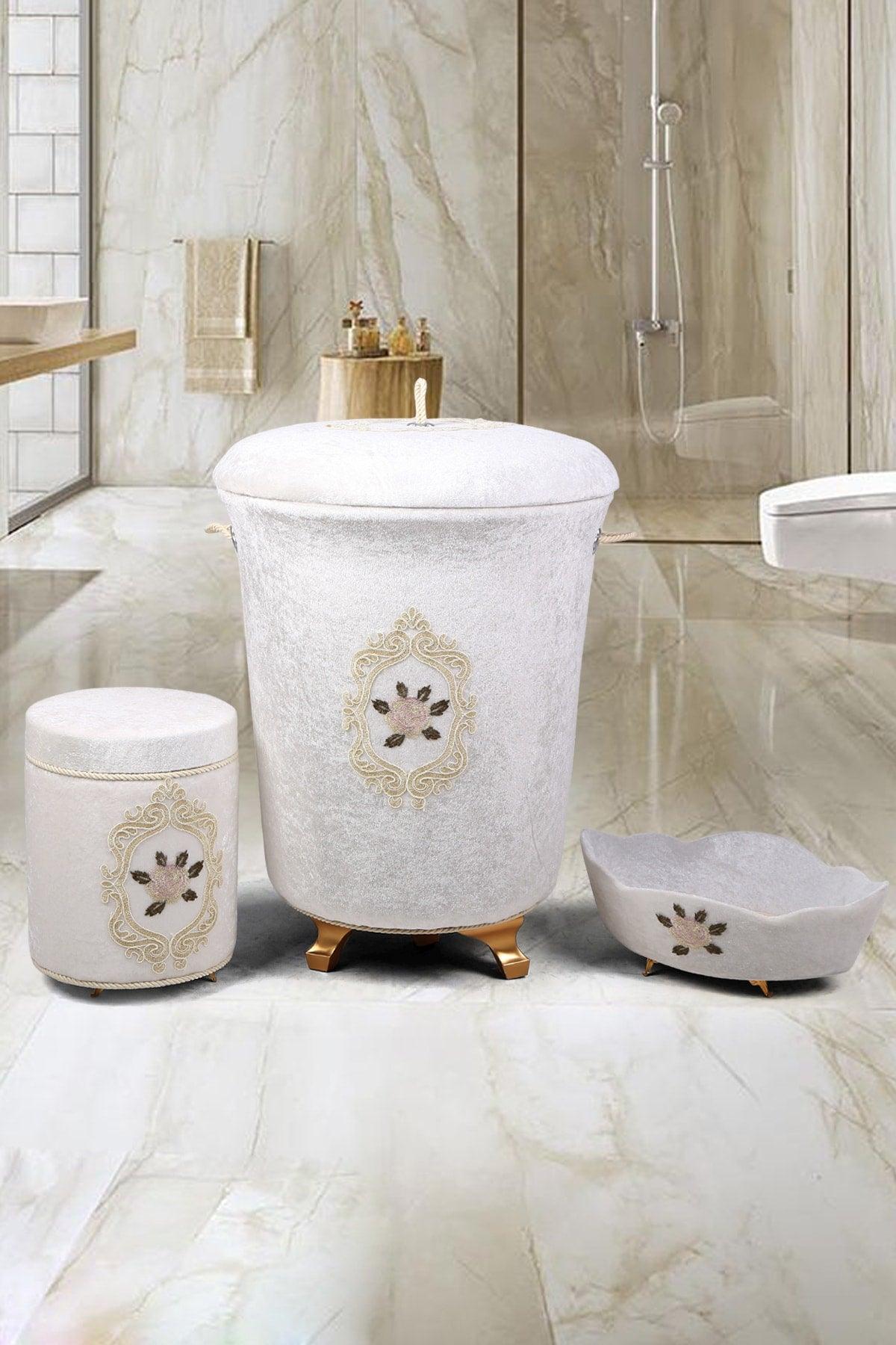 Shems Cream 3 Piece Velvet Bathroom Set Guipure Dirty Laundry Basket Set - Swordslife