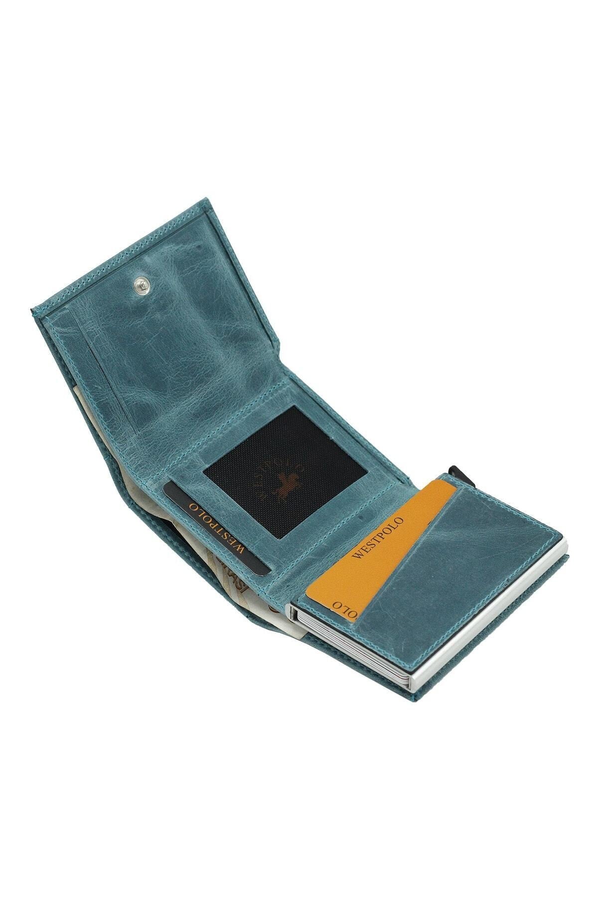 Unisex Turquoise Genuine Leather Mechanism Wallet Card Holder