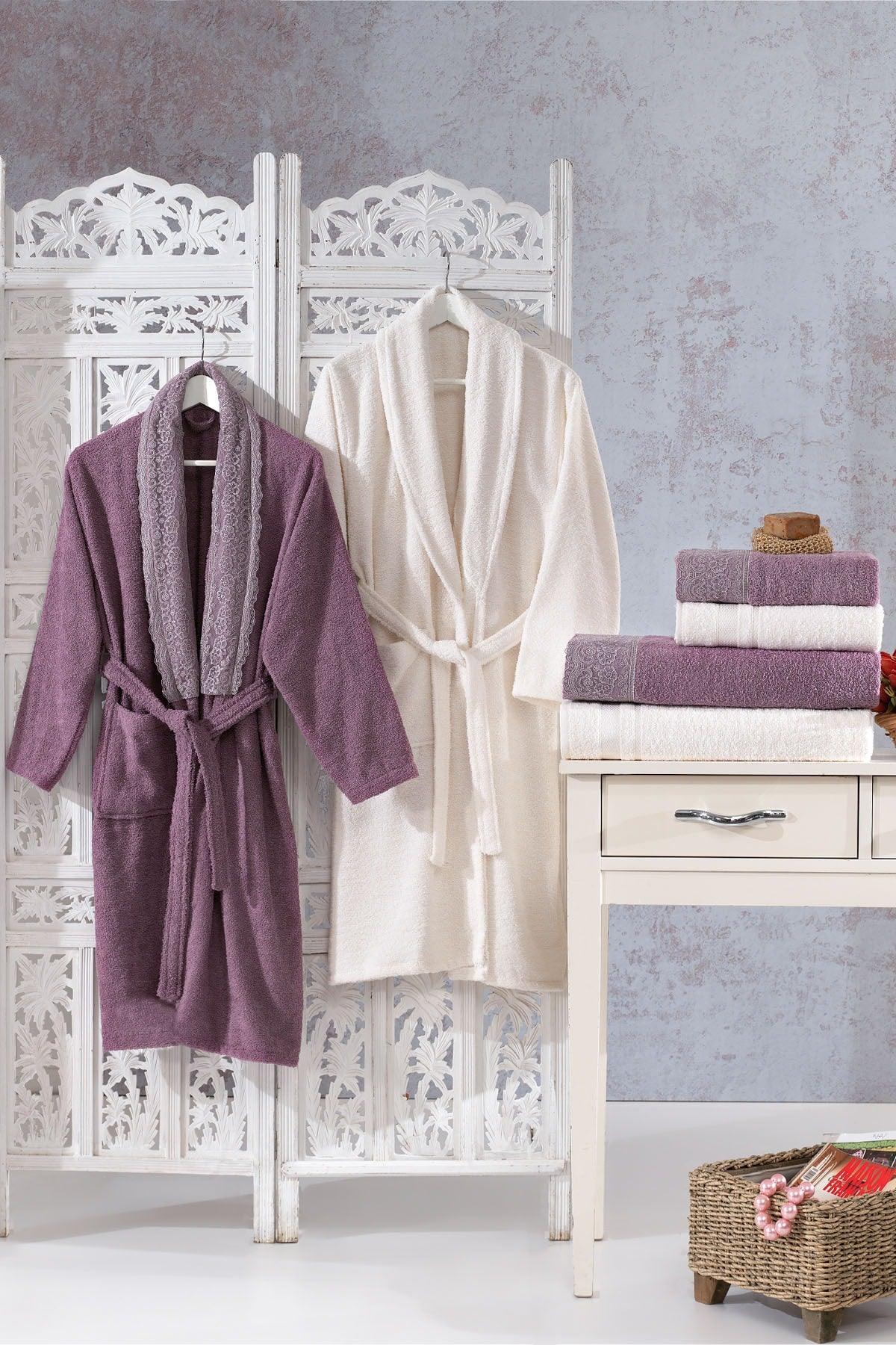 Family Lace Purple & Cream Family Bathrobe Set 6 Pieces Dowry Women Men Bathrobe Bath Towel Set - Swordslife