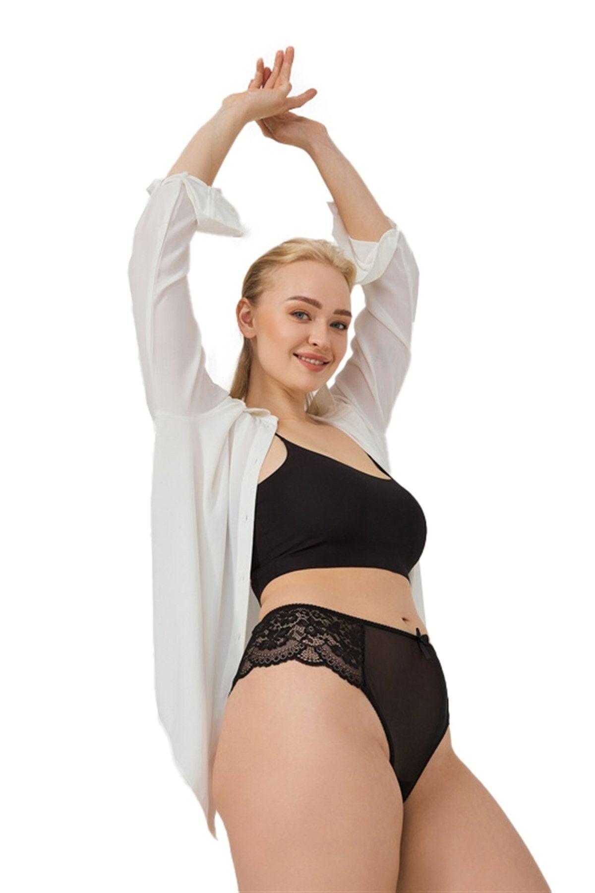 Women's Black Lace Tulle Detailed Plus Size Women's Brazilian Panties - Swordslife