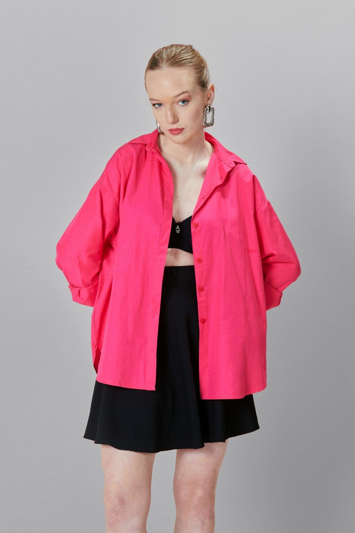 Women's Fuchsia Oversize Long Woven Shirt - Swordslife