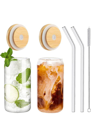 Pieces Heat-Resistant Glass Straw, Wooden Lid, Coffee Juice Cup And 1 Brush