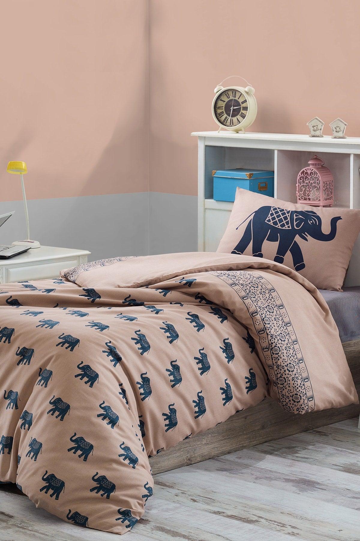 100% Natural Cotton Duvet Cover Set Single Elephant Brown-Navy Blue - Swordslife