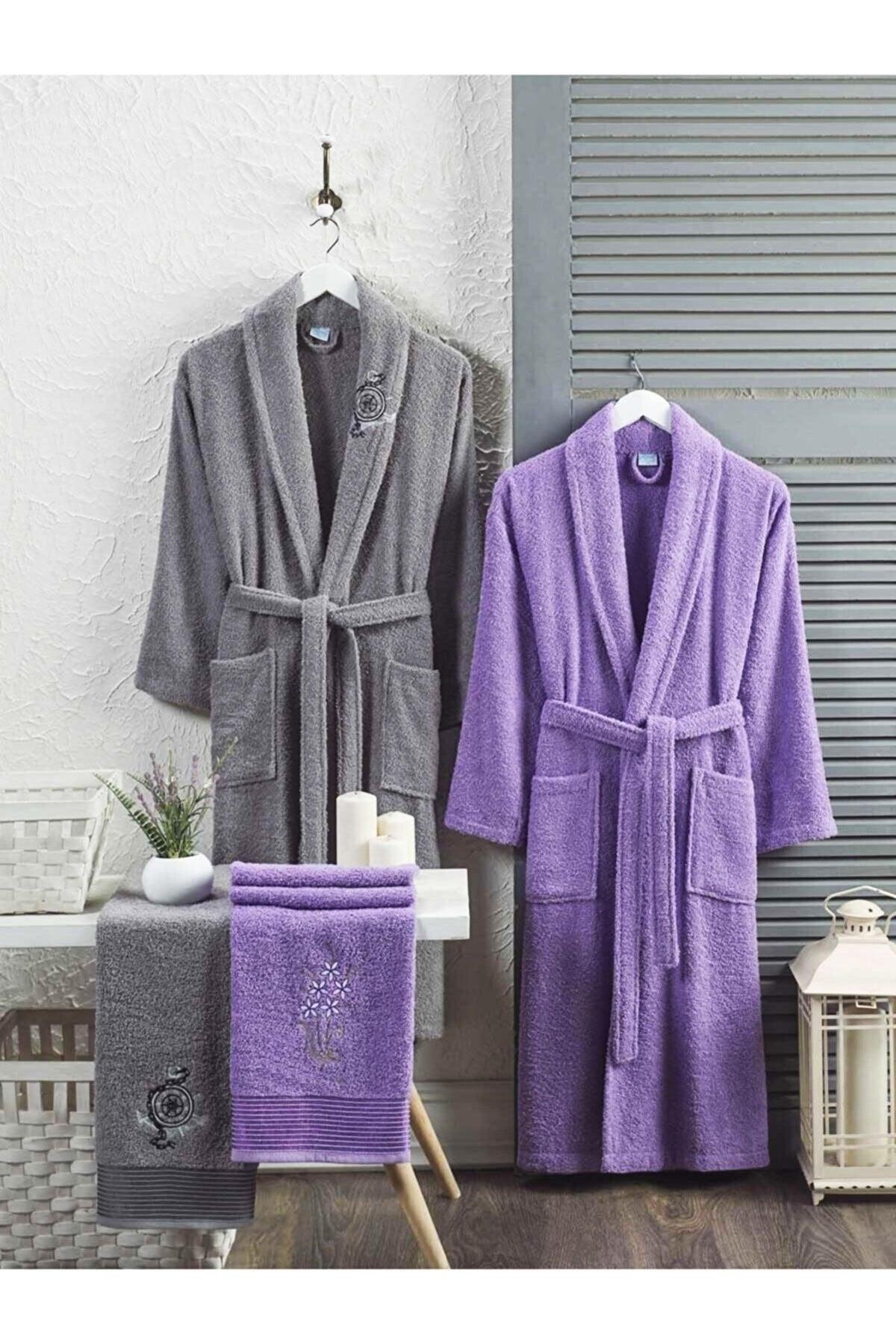 4 Piece Family Bathrobe Set Women Men Towel Bathrobe Set 100% Gray Lavender - Swordslife