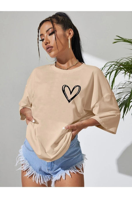 Minimal Heart Printed Light Brown Oversize Tshirt - Swordslife