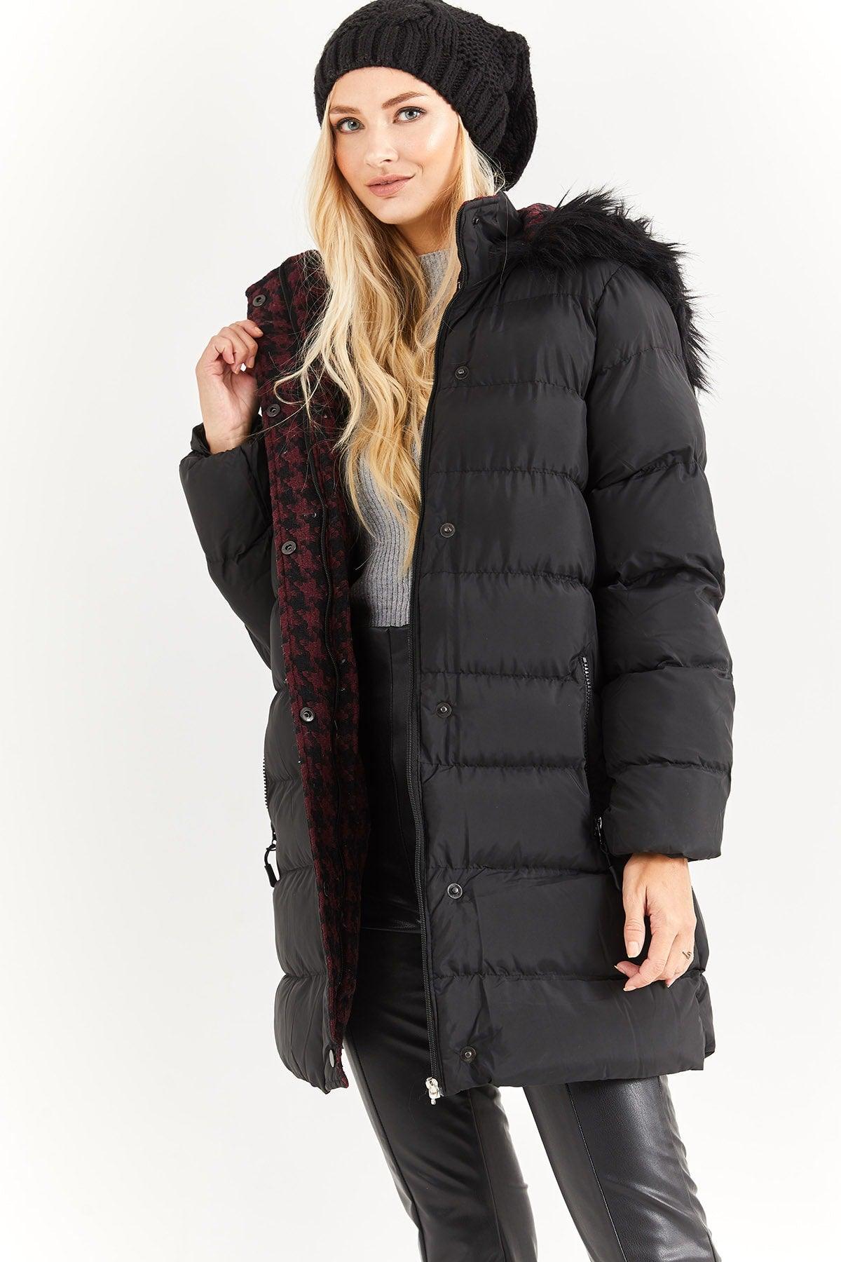 Women's Black Burgundy Fur Hooded Down Jacket - Swordslife