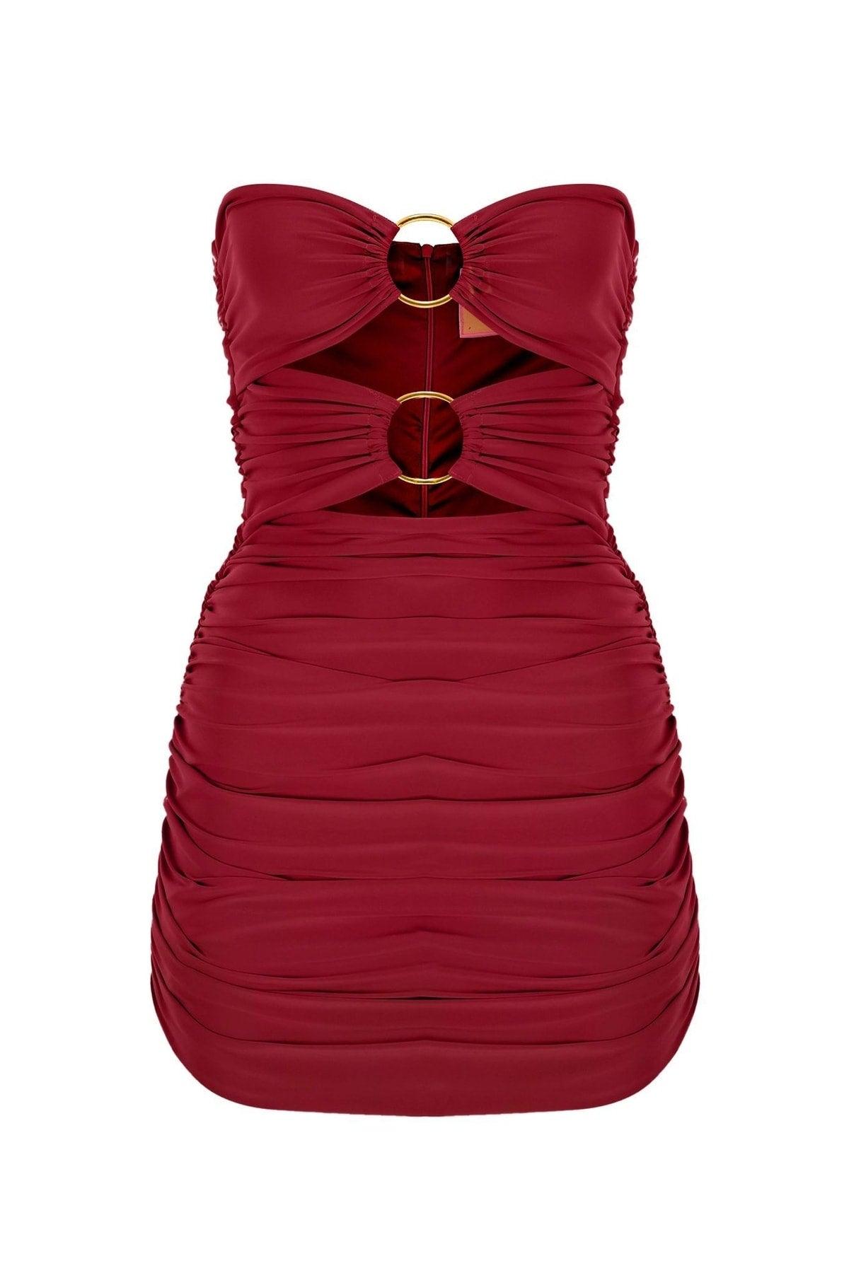 Claret Red Bust Gold Two-Ring Ruffle Strapless Draped Mini Evening Dress - Swordslife