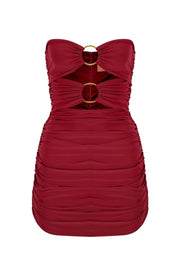 Claret Red Bust Gold Two-Ring Ruffle Strapless Draped Mini Evening Dress - Swordslife