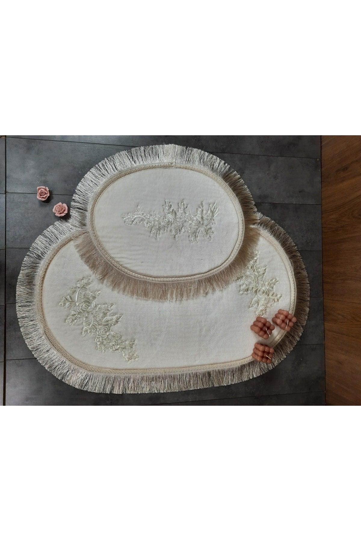 Algeria Fringed Cream French Lace 2 Piece Bath Mat Tasseled Dowery Closet Set - Swordslife