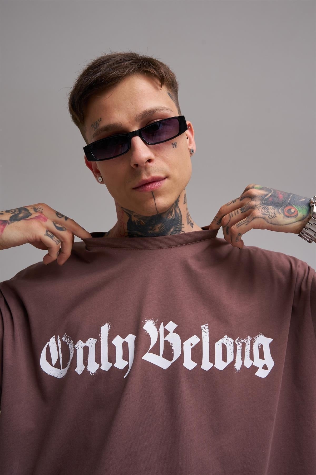 Unisex Large Size Only Belong Printed Cotton T-Shirt Plum