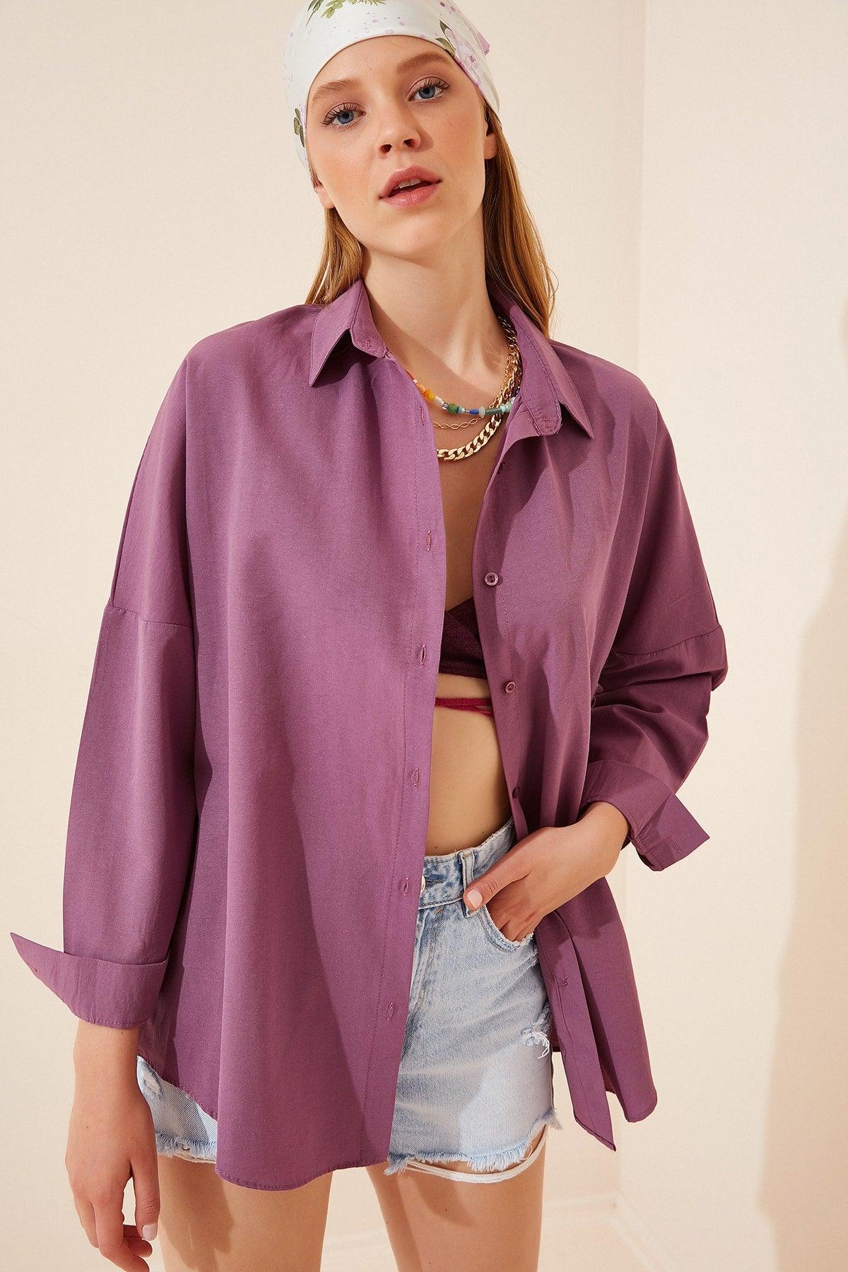 Women's Dark Lilac Oversize Long Basic Shirt DD00842 - Swordslife