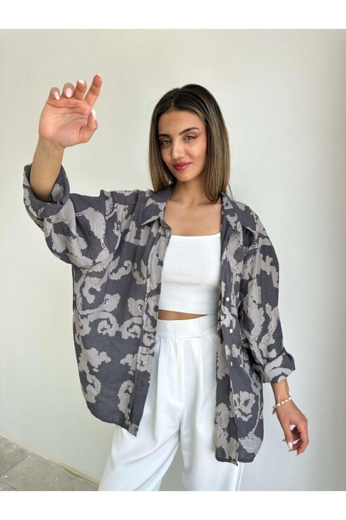 Smoked Patterned Off Shoulder Oversize Shirt - Swordslife