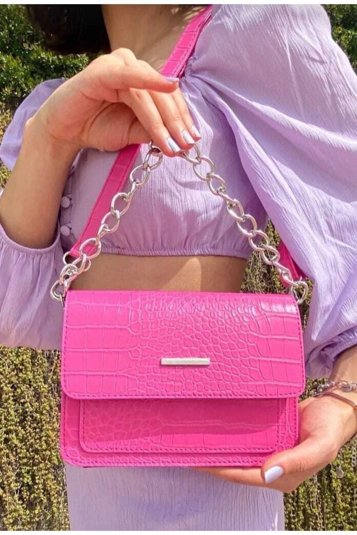 Fuchsia Women Crocodile Patterned Clutch Baguette Chain Strap Bag