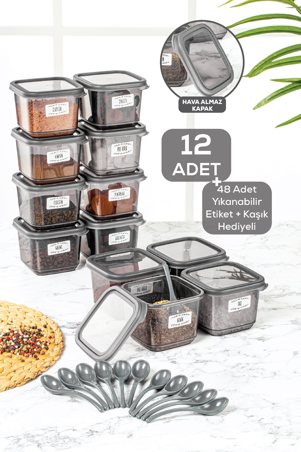 Set Of 12 Square Food Storage Container With Leak Proof Lid Anthracite 12 X 0.50 Lt Labeled