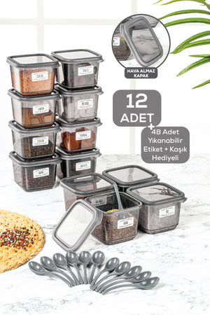 Set Of 12 Square Food Storage Container With Leak Proof Lid Anthracite 12 X 0.50 Lt Labeled
