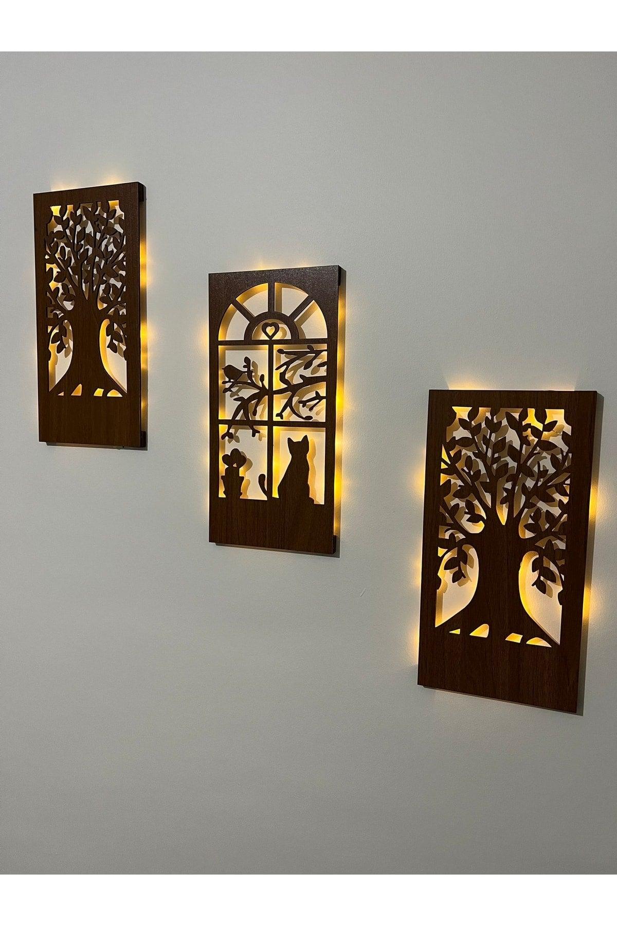 Fairy Led Wooden 3 Piece Set Table Home Gift Hallway Hallway Night Light 32x16 Wall Decoration Tree Cat Bird - Swordslife